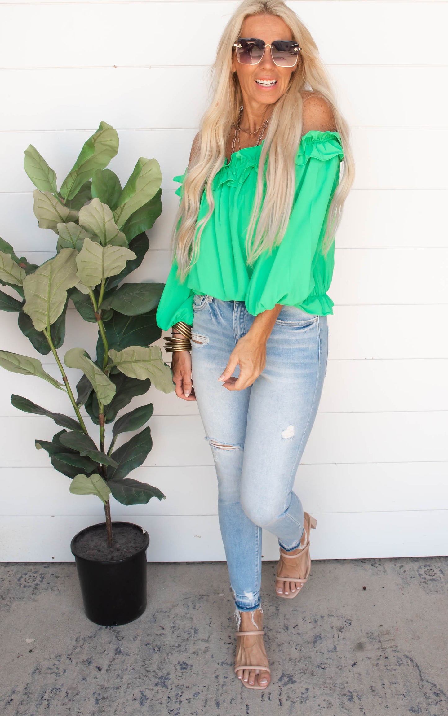 Emerald Ruffle Off the Shoulder Top