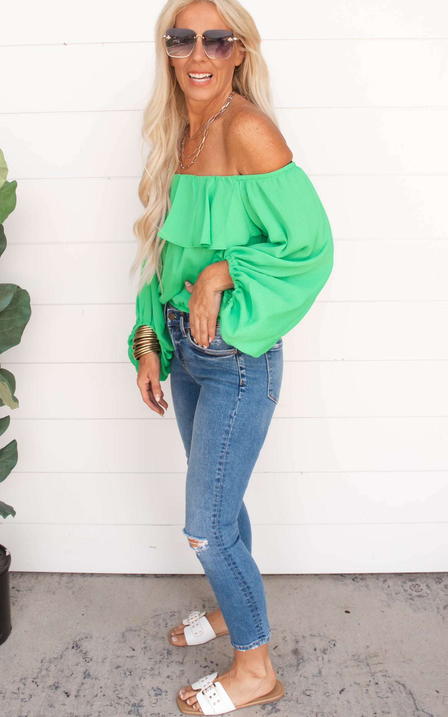 Crinkle Solid Off Shoulder Balloon Top