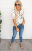 Floral Linen Smocked Sleeves Vneck Top