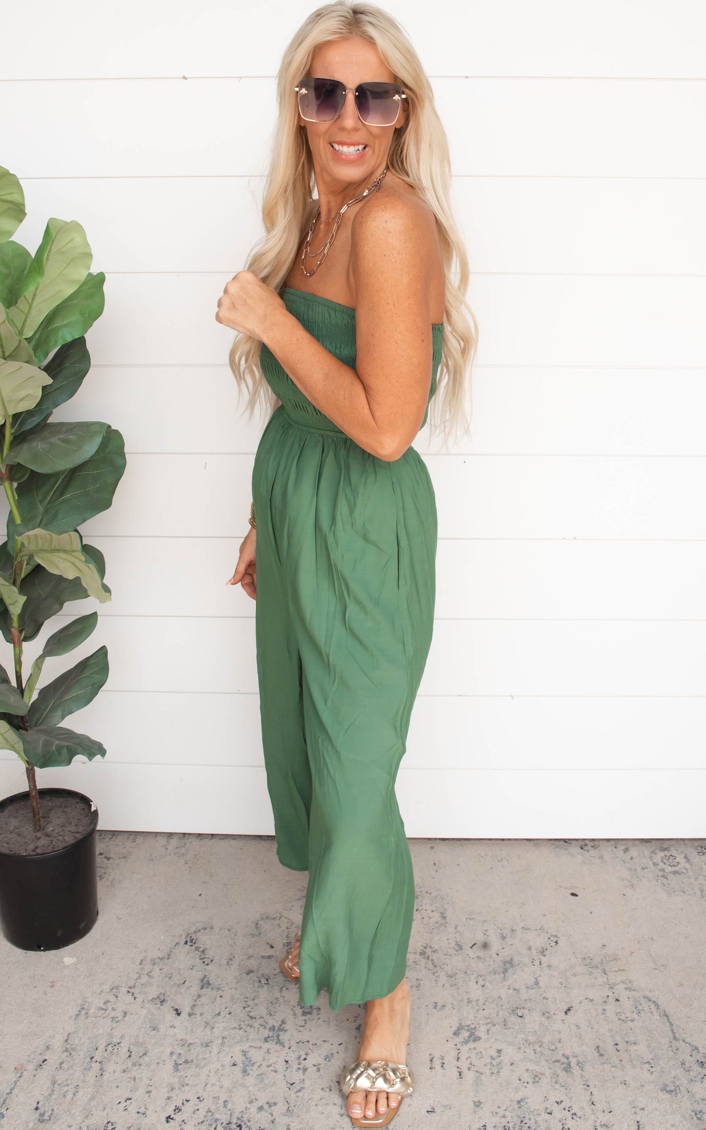 Green Smocked Open Back Tube Wide Leg Jumpsuit - Final Sale