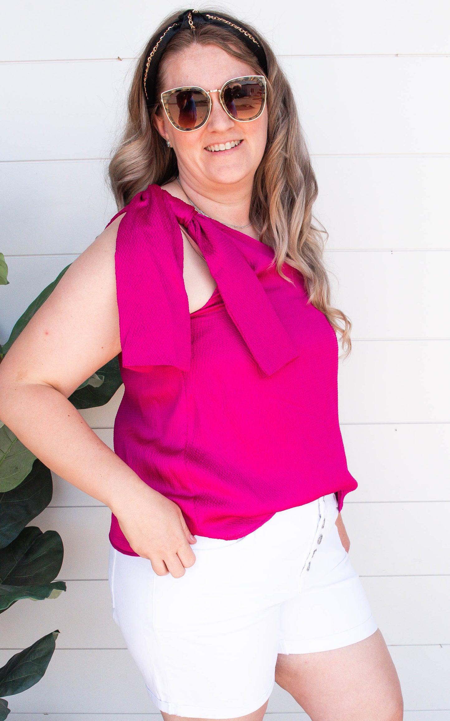 The Addison Fuchsia Satin One Shoulder Top - Final Sale