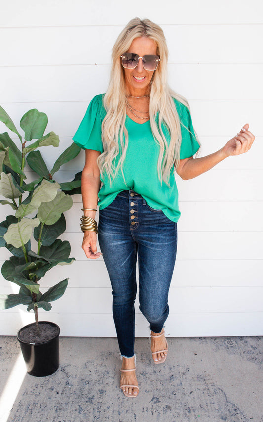 Green Silk Bubble Sleeve Top