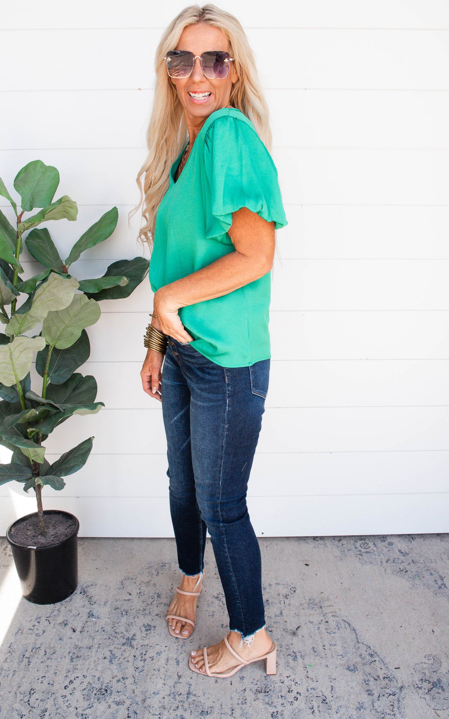 Green Silk Bubble Sleeve Top