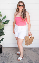 White Missy Curvy Fit Exposed Button Cuffed Shorts - Final Sale