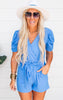 Clean Blue Ruched Short Sleeve Wrap Romper | FINAL SALE