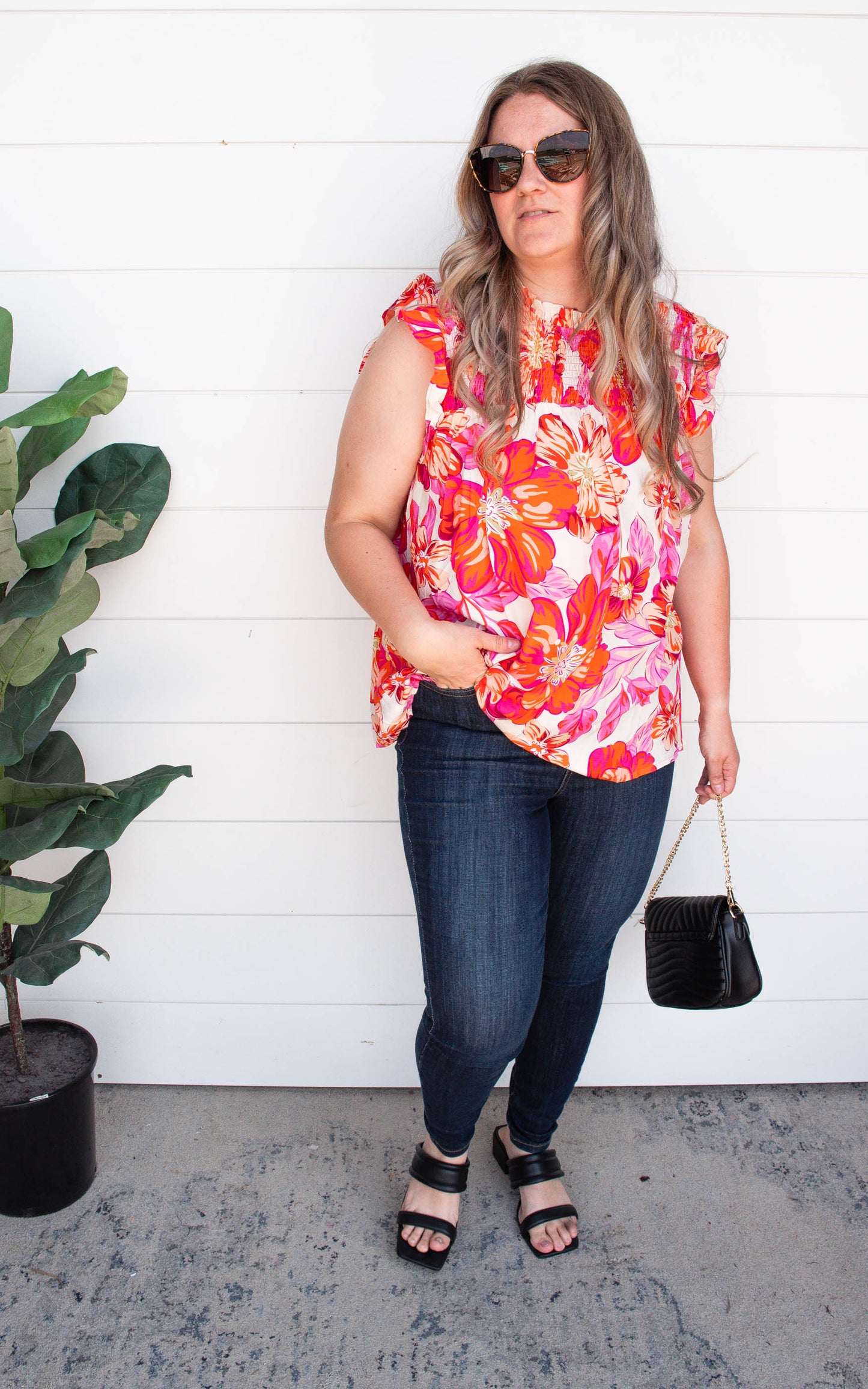 Floral Print Sleeveless Ruffled Armhole Top