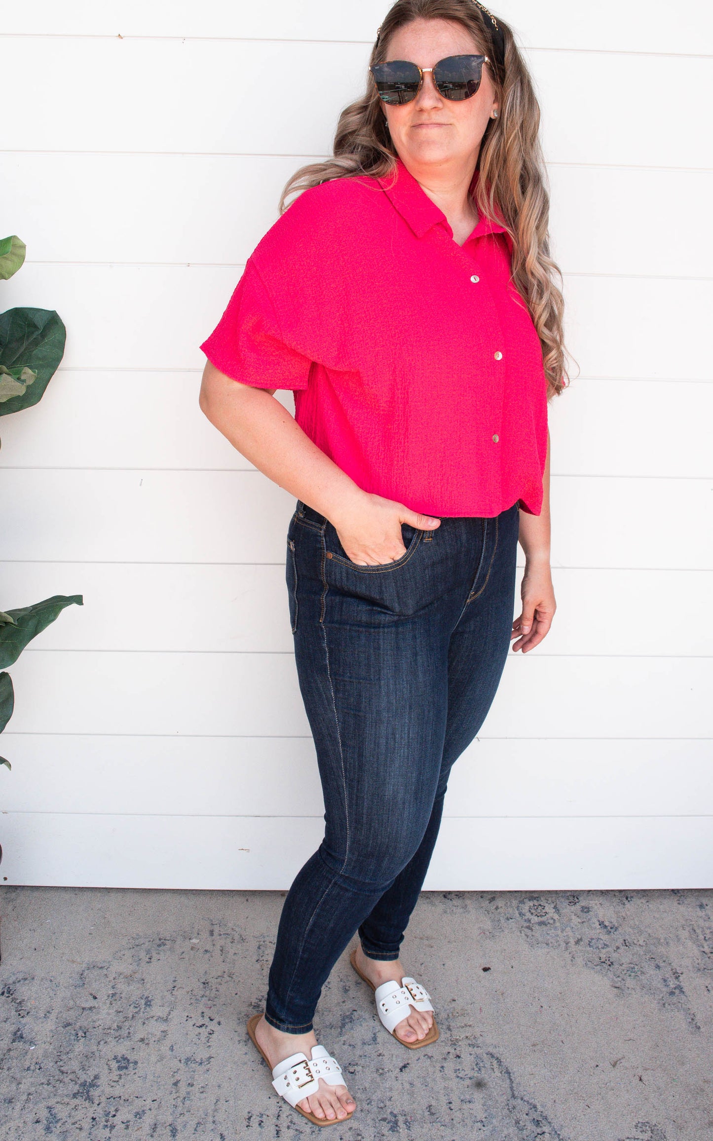 Fuchsia Short Sleeve Button Down Top | FINAL SALE