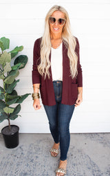 BURGUNDY Waffle Texture Open Front Cardigan