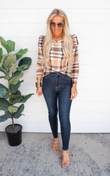 Plaid Top with Ruffled Sleeves | Taupe