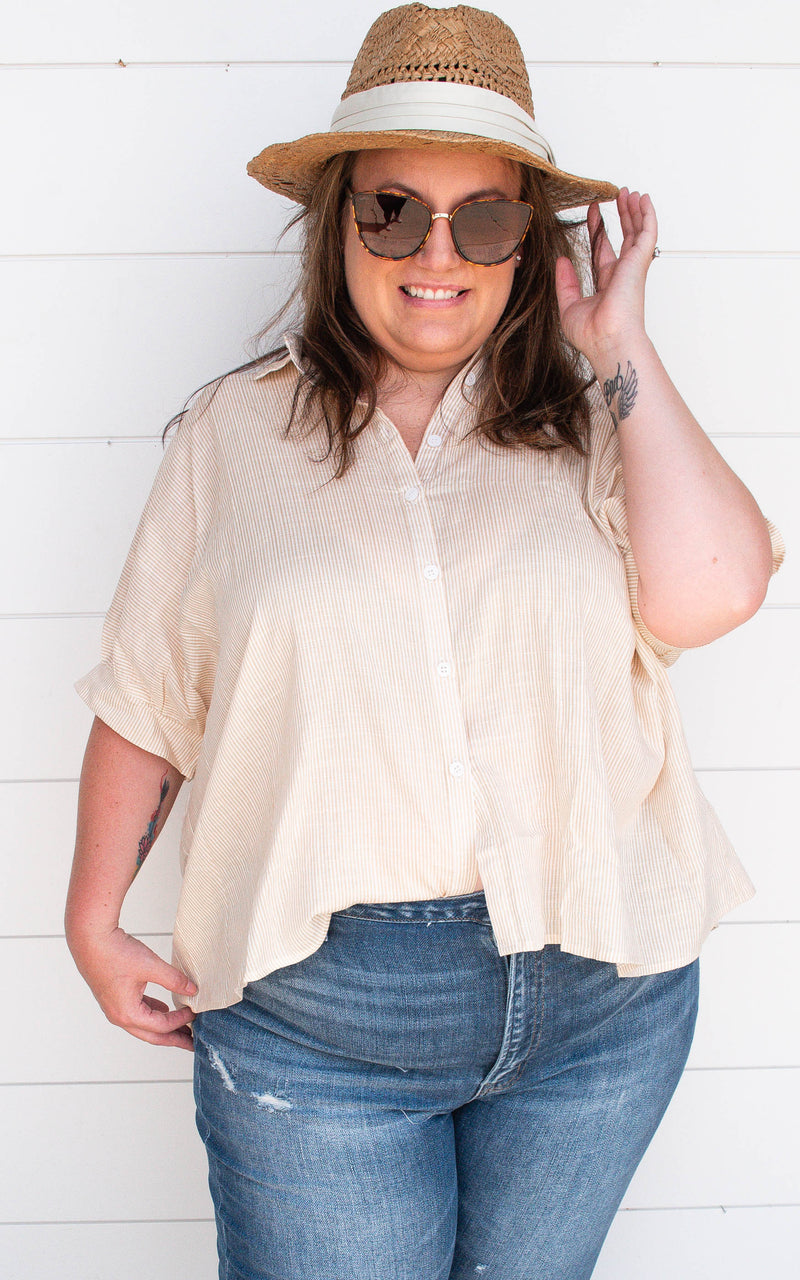 UMGEE Striped Collar Button Down Top w/ Folded Sleeve - Latte