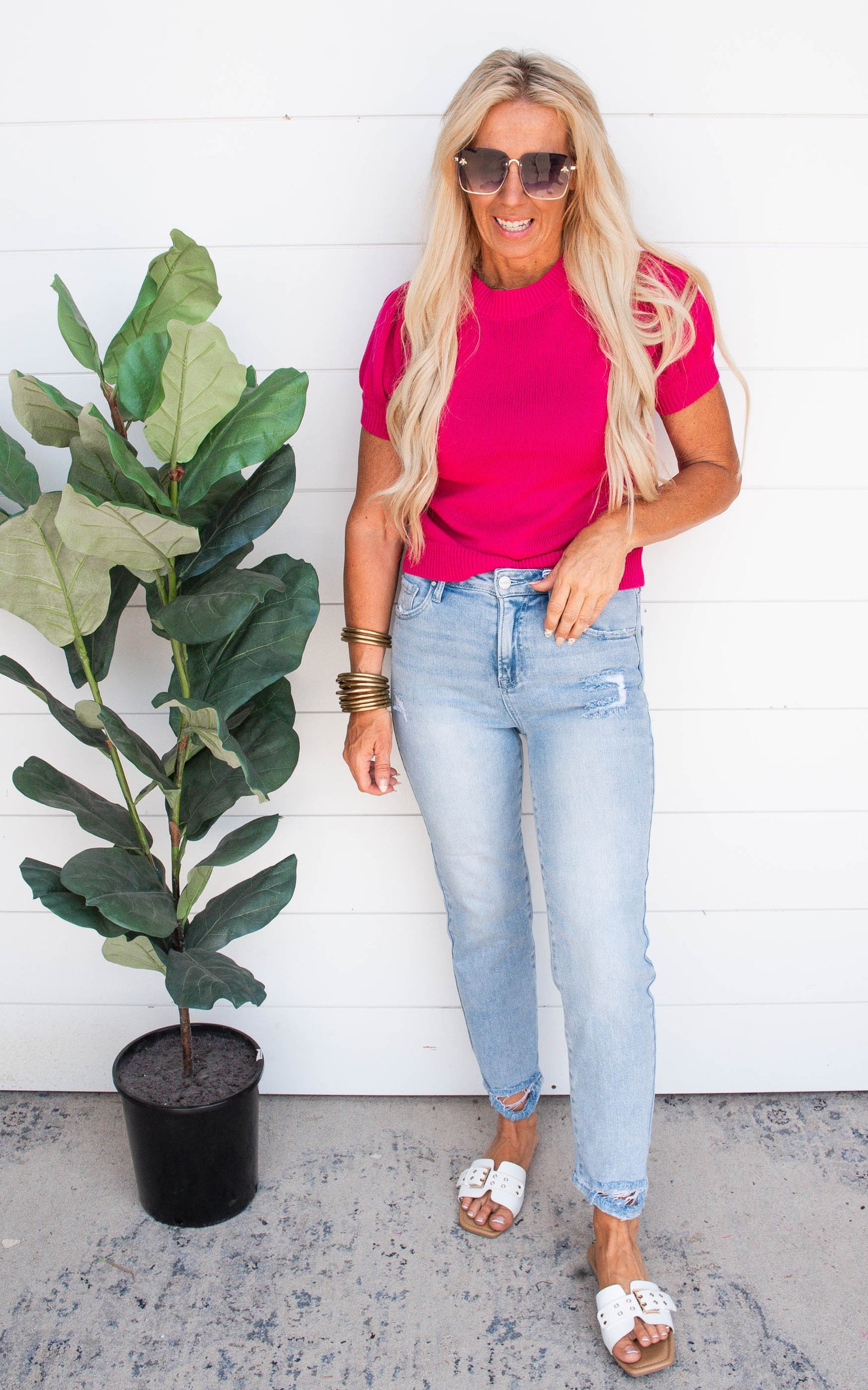 Fuchsia Puff Sleeve Knit Top