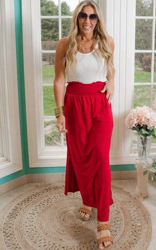 Smocked Waist Side Slit Maxi Skirt w/ Pockets