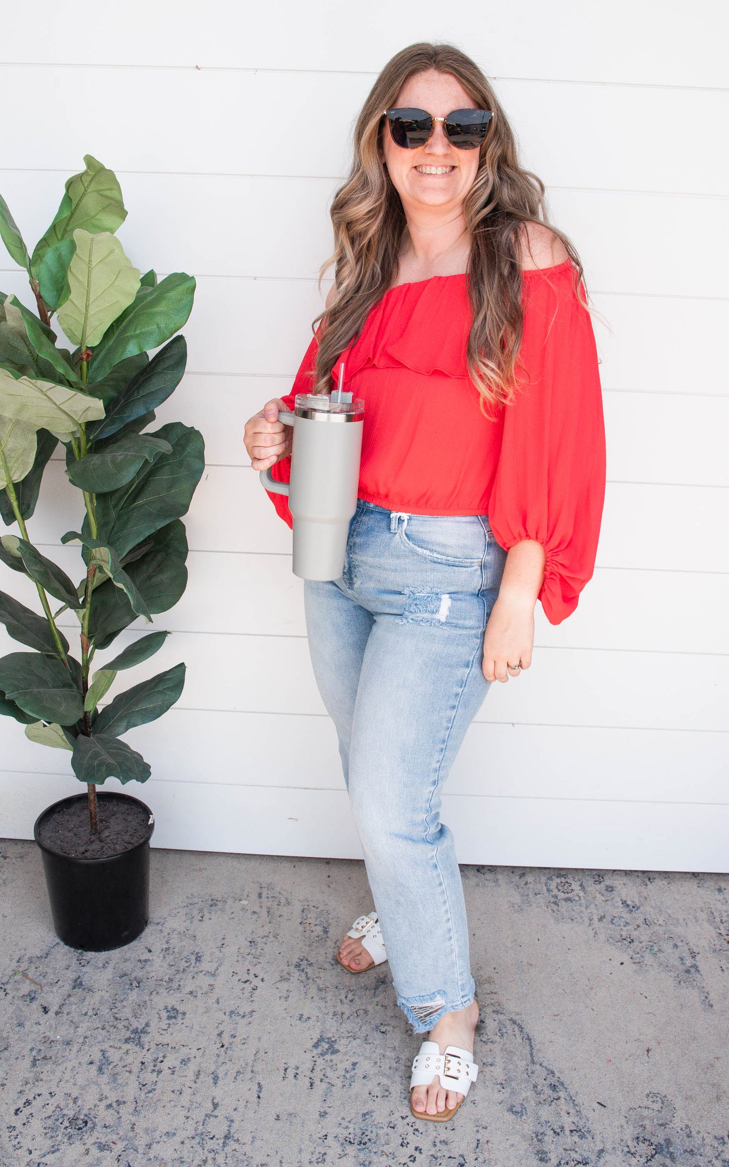 Crinkle Solid Off Shoulder Balloon Top - Final Sale