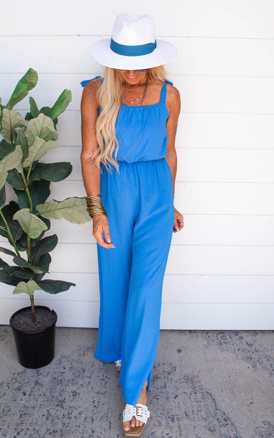 Textured Clean Blue Tie Shoulder Ruched Jumpsuit