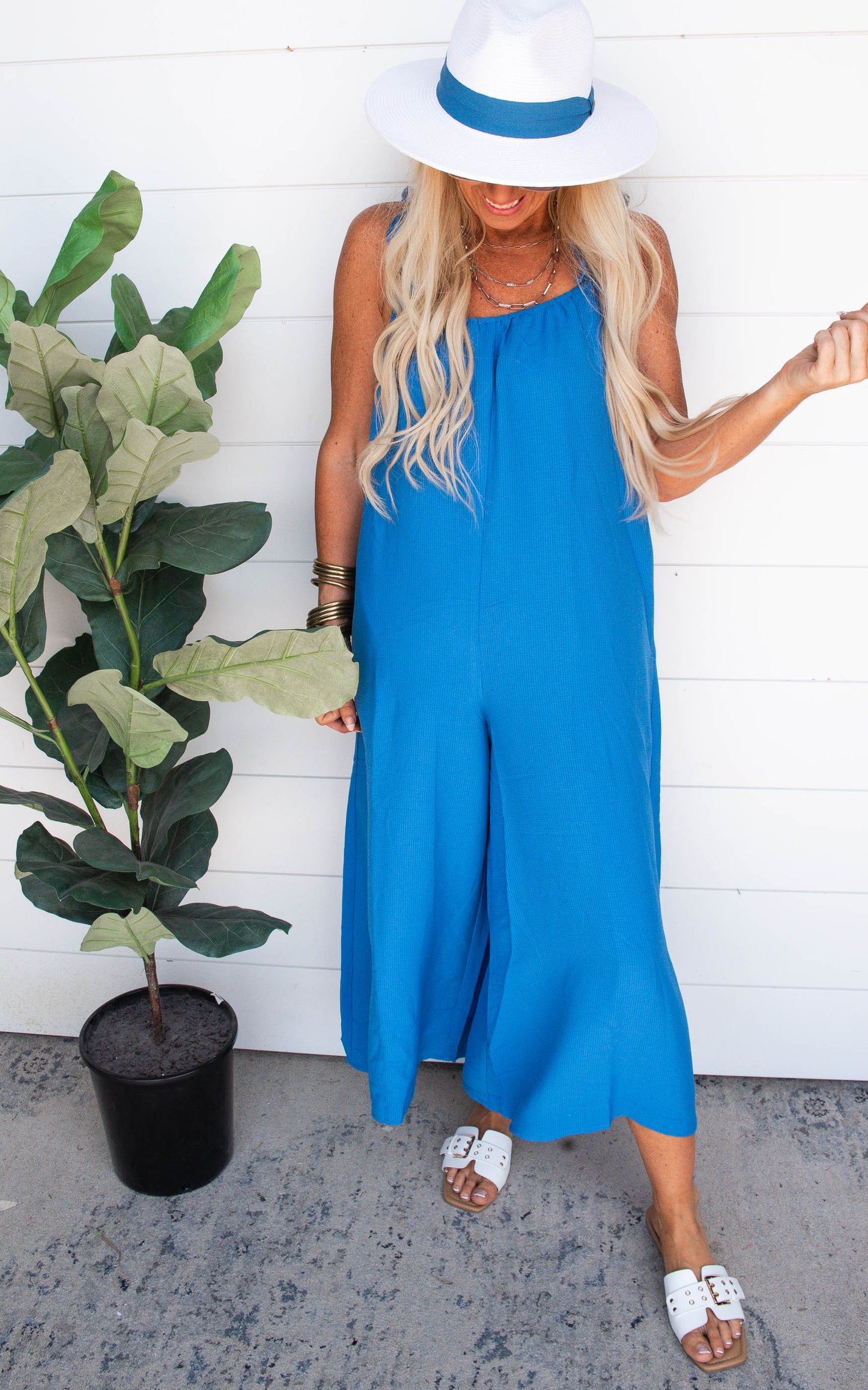 BLUE Ruffled Strap Wide Leg Jumpsuit