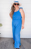 Textured Clean Blue Tie Shoulder Ruched Jumpsuit | FINAL SALE