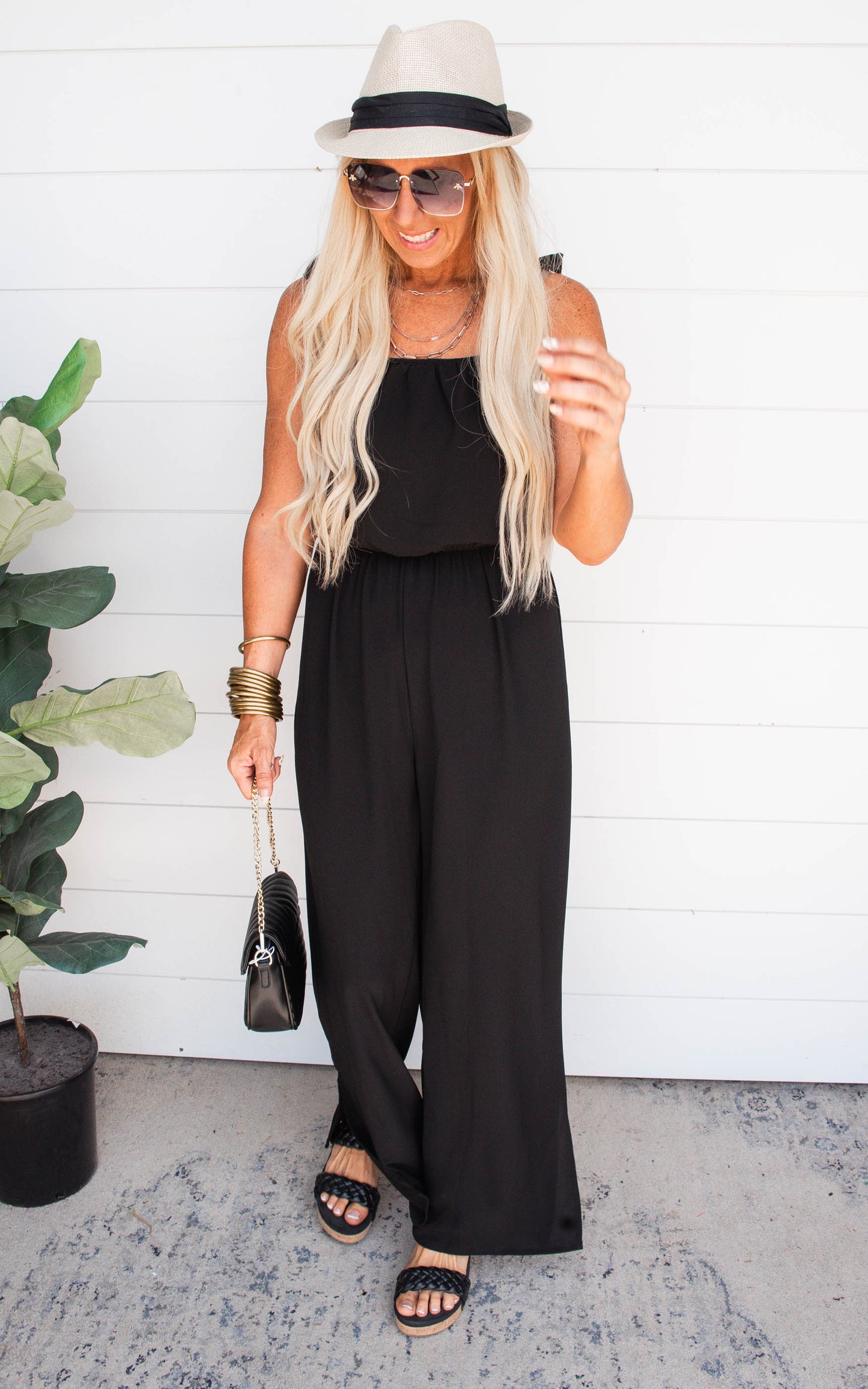 Textured Black Tie Shoulder Ruched Jumpsuit