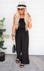 Textured Black Tie Shoulder Ruched Jumpsuit