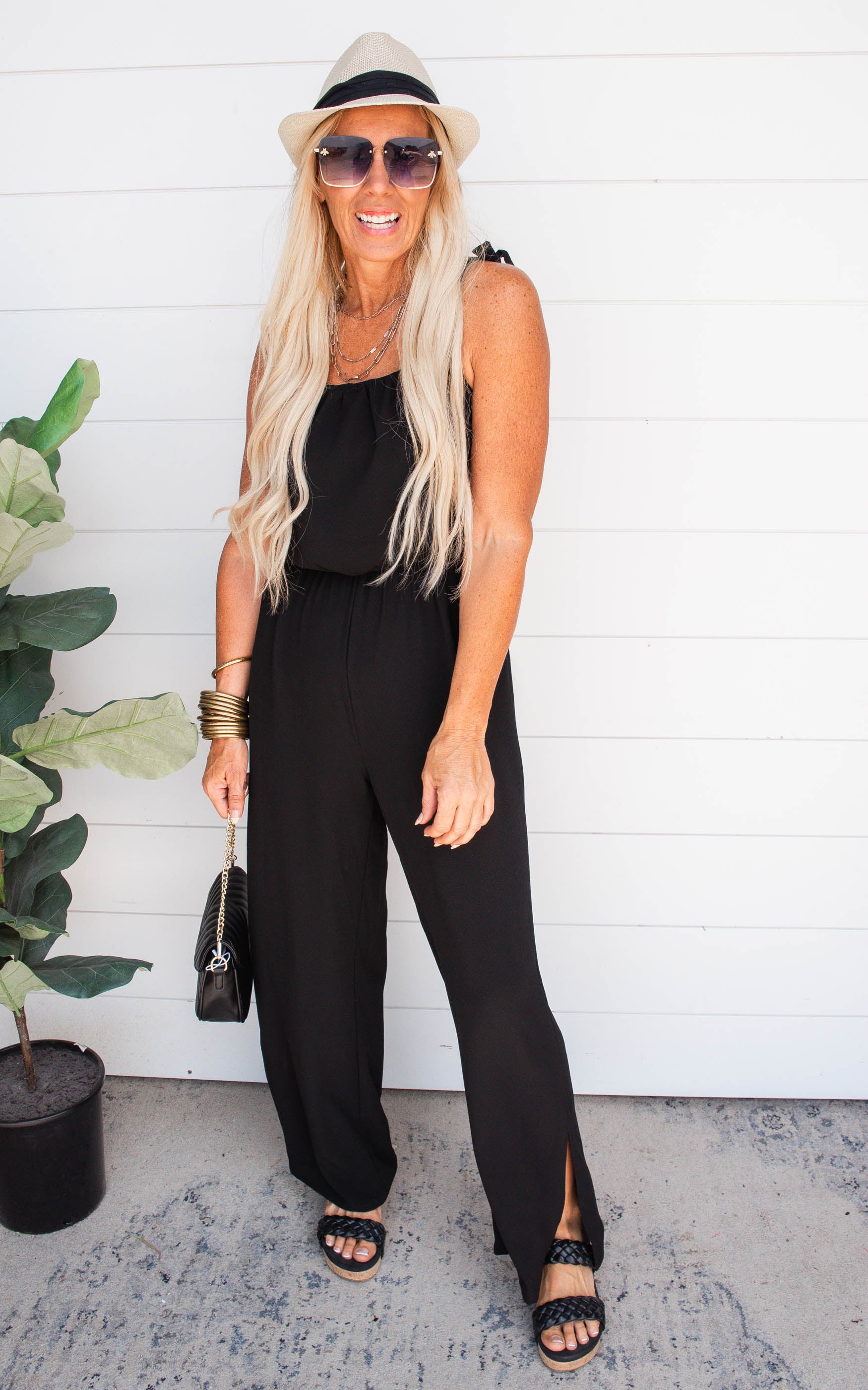 Textured Black Tie Shoulder Ruched Jumpsuit | FINAL SALE | BAD HABIT ...