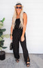 Textured Black Tie Shoulder Ruched Jumpsuit