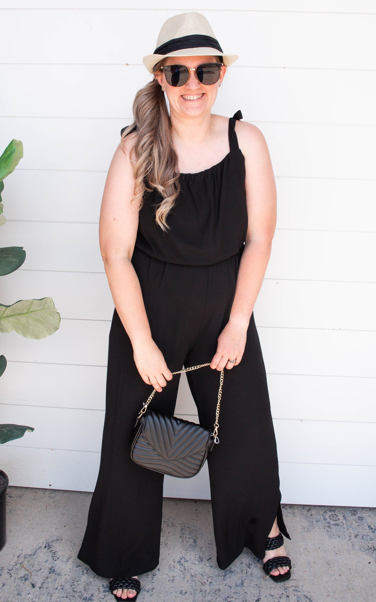 Textured Black Tie Shoulder Ruched Jumpsuit