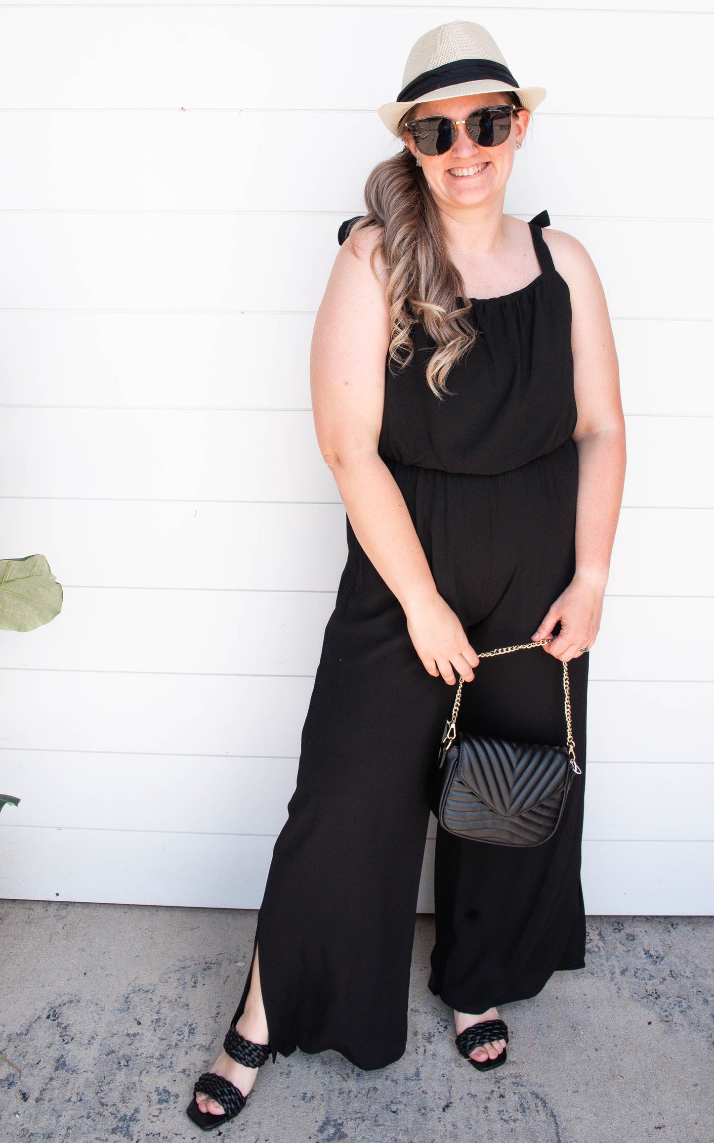 Textured Black Tie Shoulder Ruched Jumpsuit