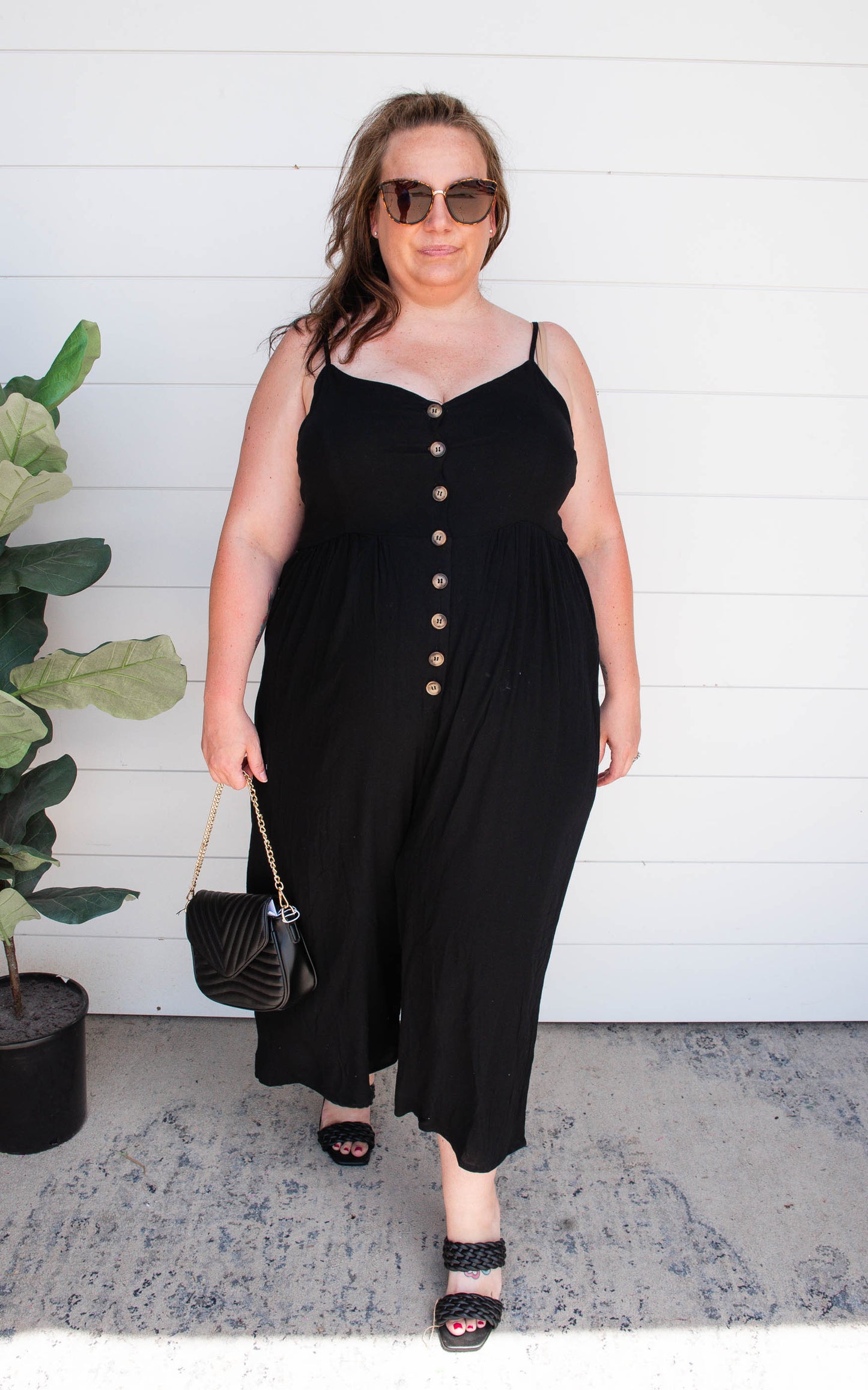 Black Button Down Crepe Jumpsuit - Final Sale