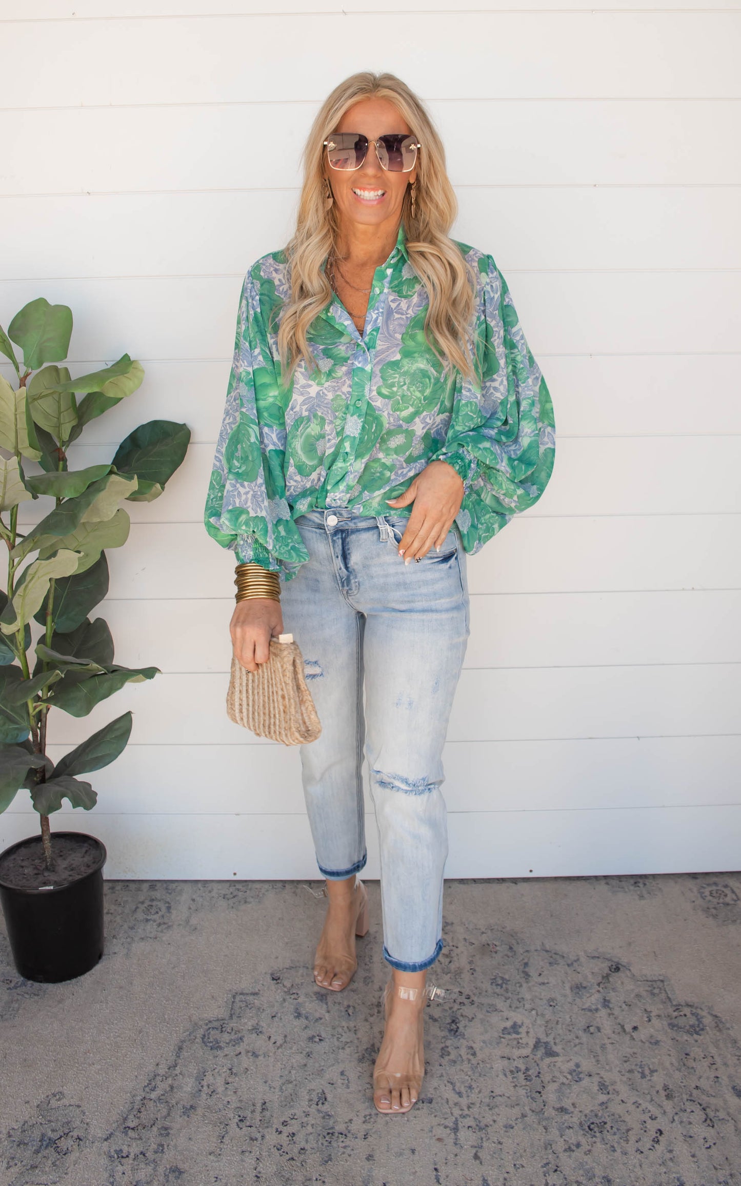 Garden of Luxury Floral Puff Sleeve Blouse - Kelly Green -Final Sale