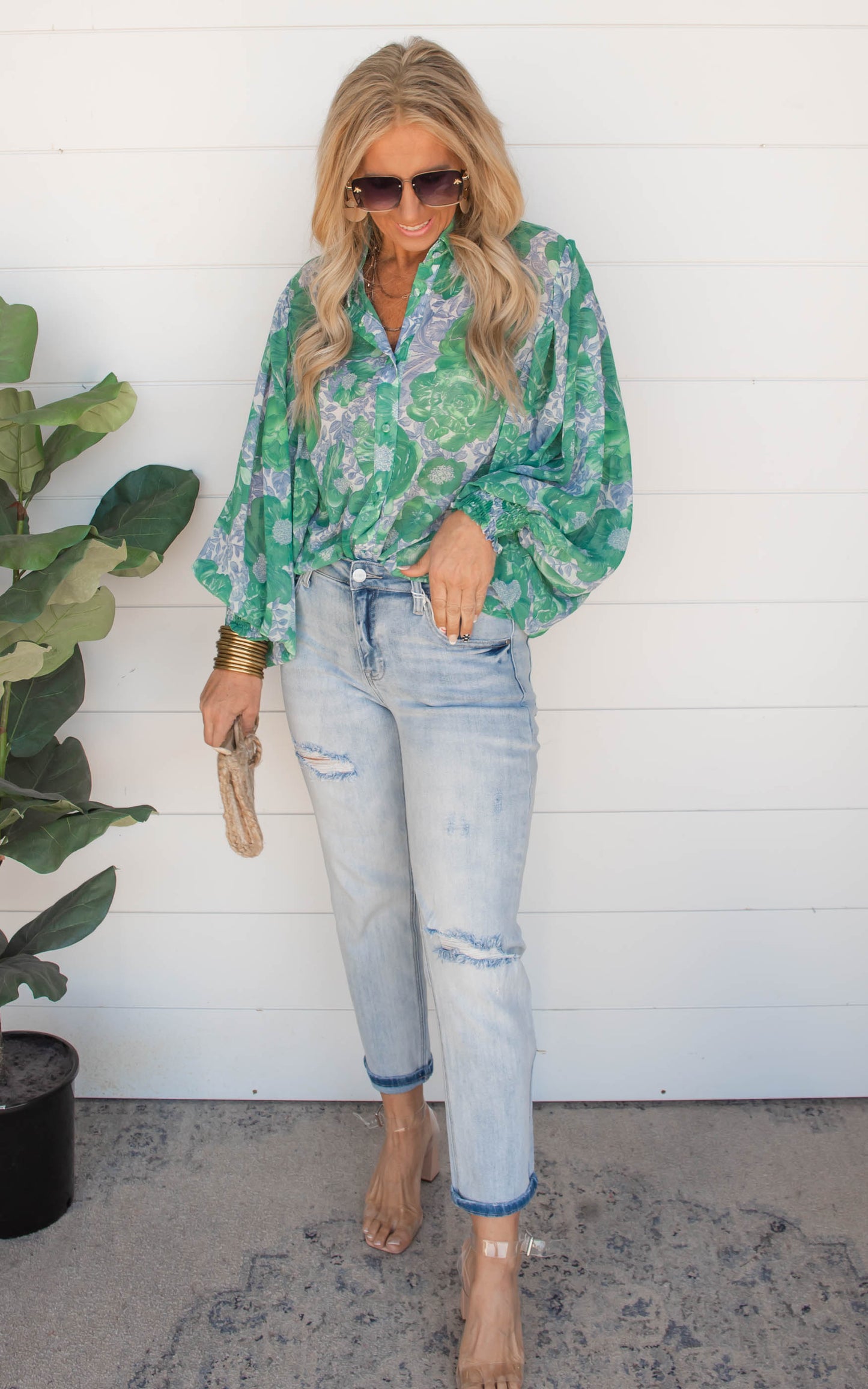 Garden of Luxury Floral Puff Sleeve Blouse - Kelly Green -Final Sale