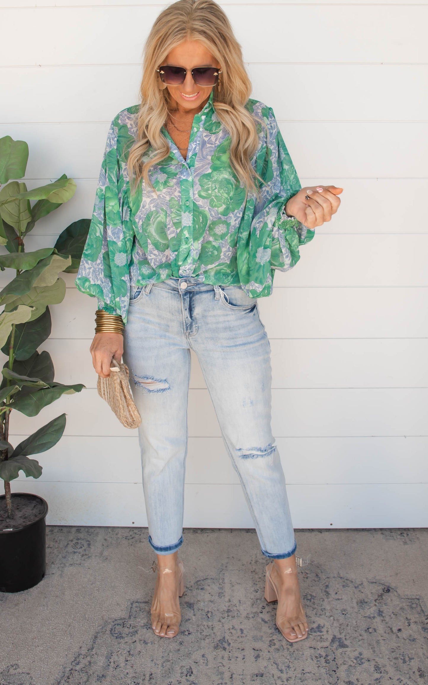 Garden of Luxury Floral Puff Sleeve Blouse - Kelly Green -Final Sale