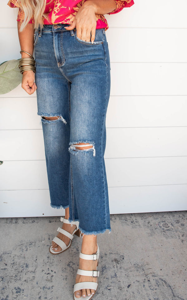 High Rise Frayed Ankle Wide Leg Denim Jeans - Risen