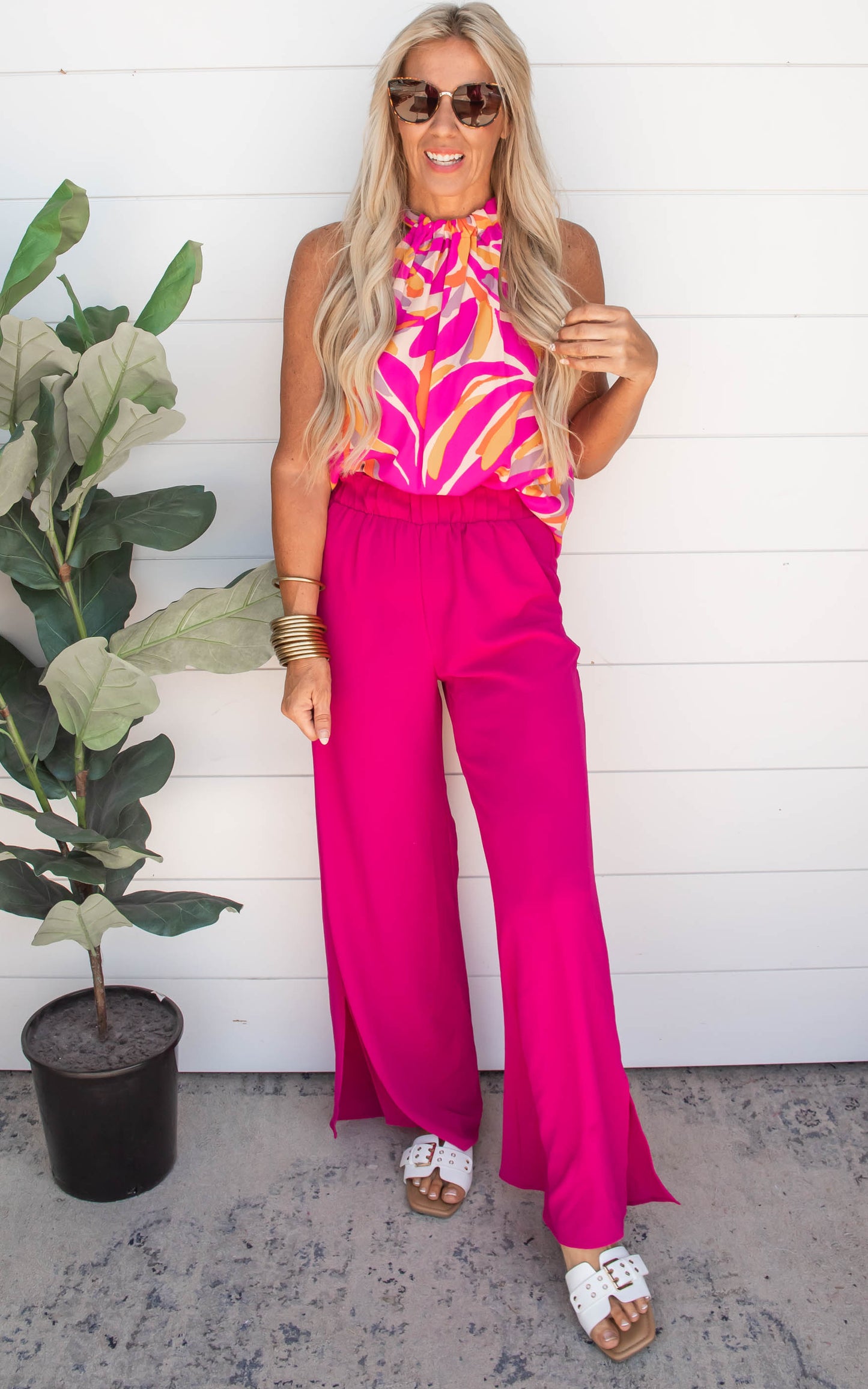 Textured Side Slit Wide Leg Pants - Final Sale