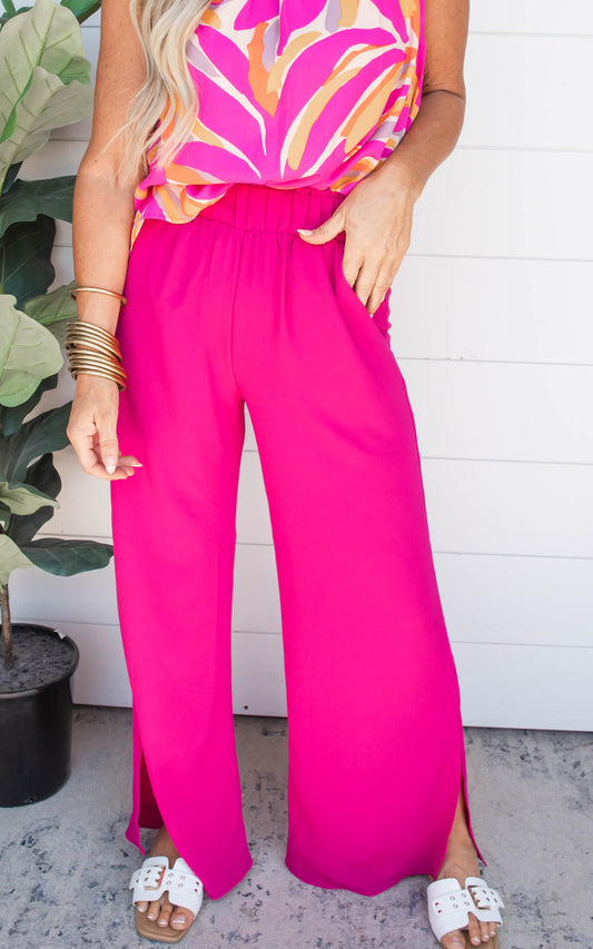 Textured Side Slit Wide Leg Pants - Final Sale