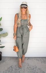 Olive Ruched Elastic Front Zipper Jumpsuit