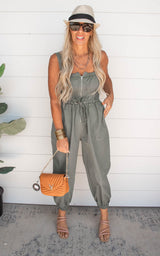 Olive Ruched Elastic Front Zipper Jumpsuit