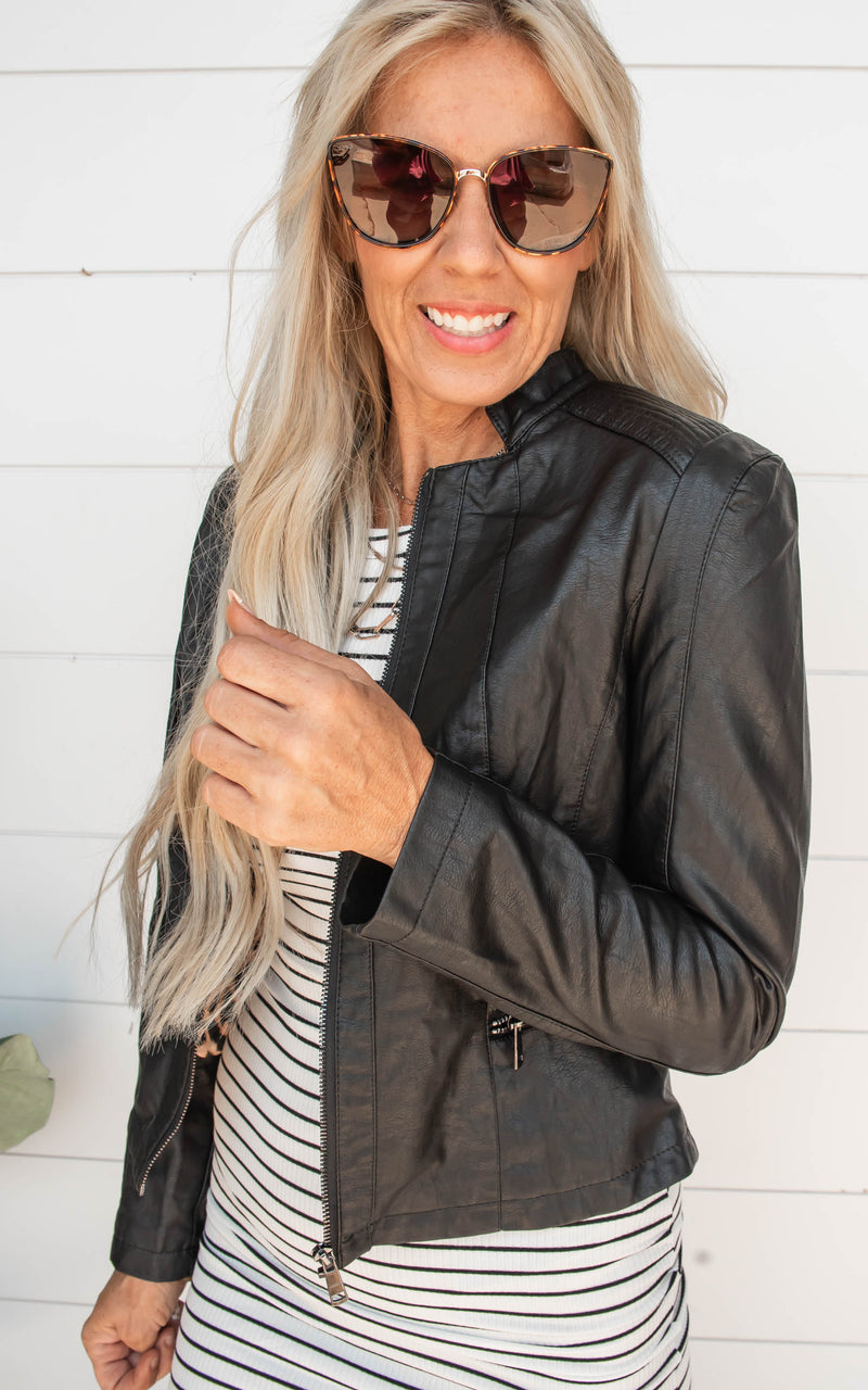 Vegan Leather Biker Jacket - Black