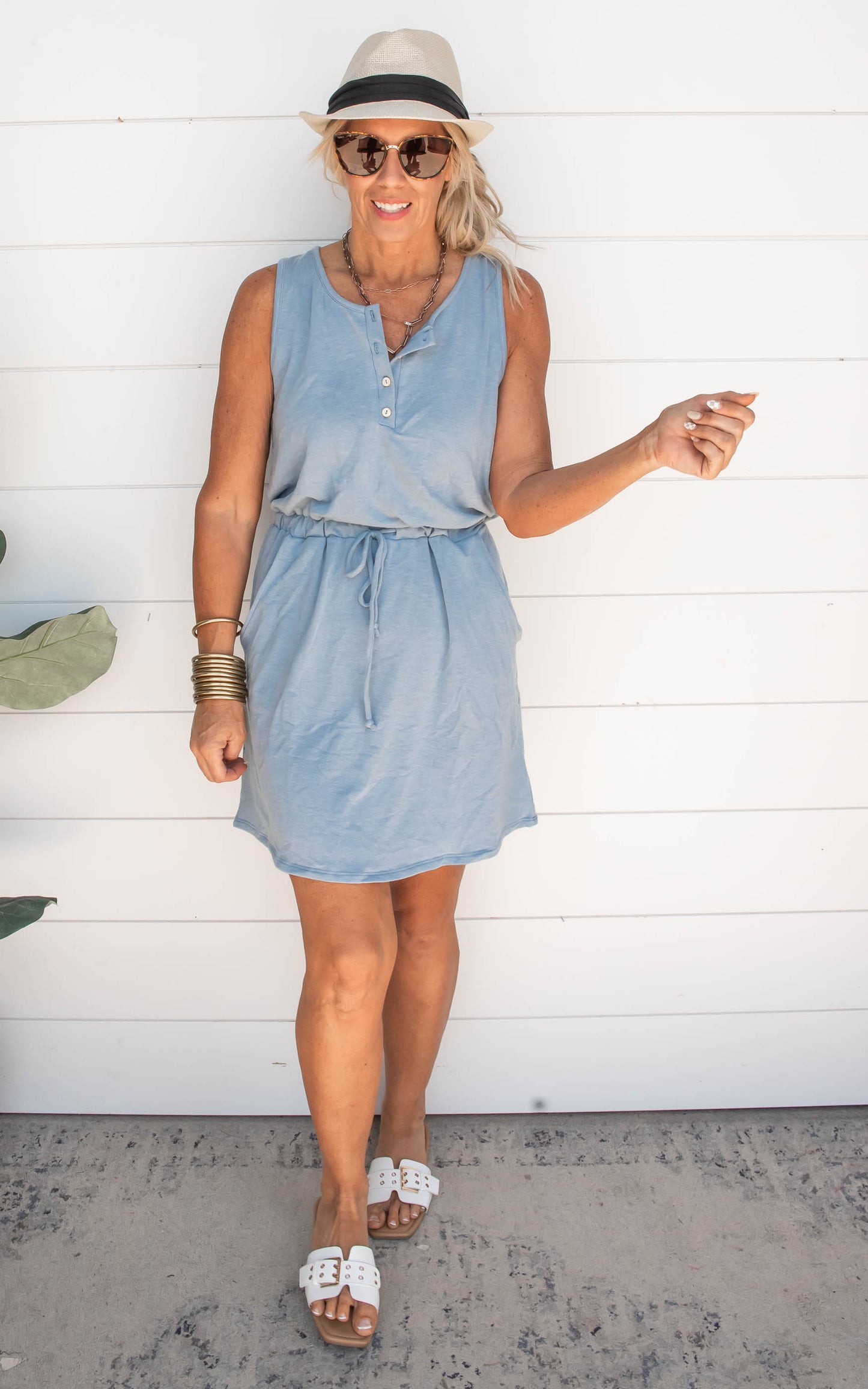 Sleeveless Henley Style French Terry Dress