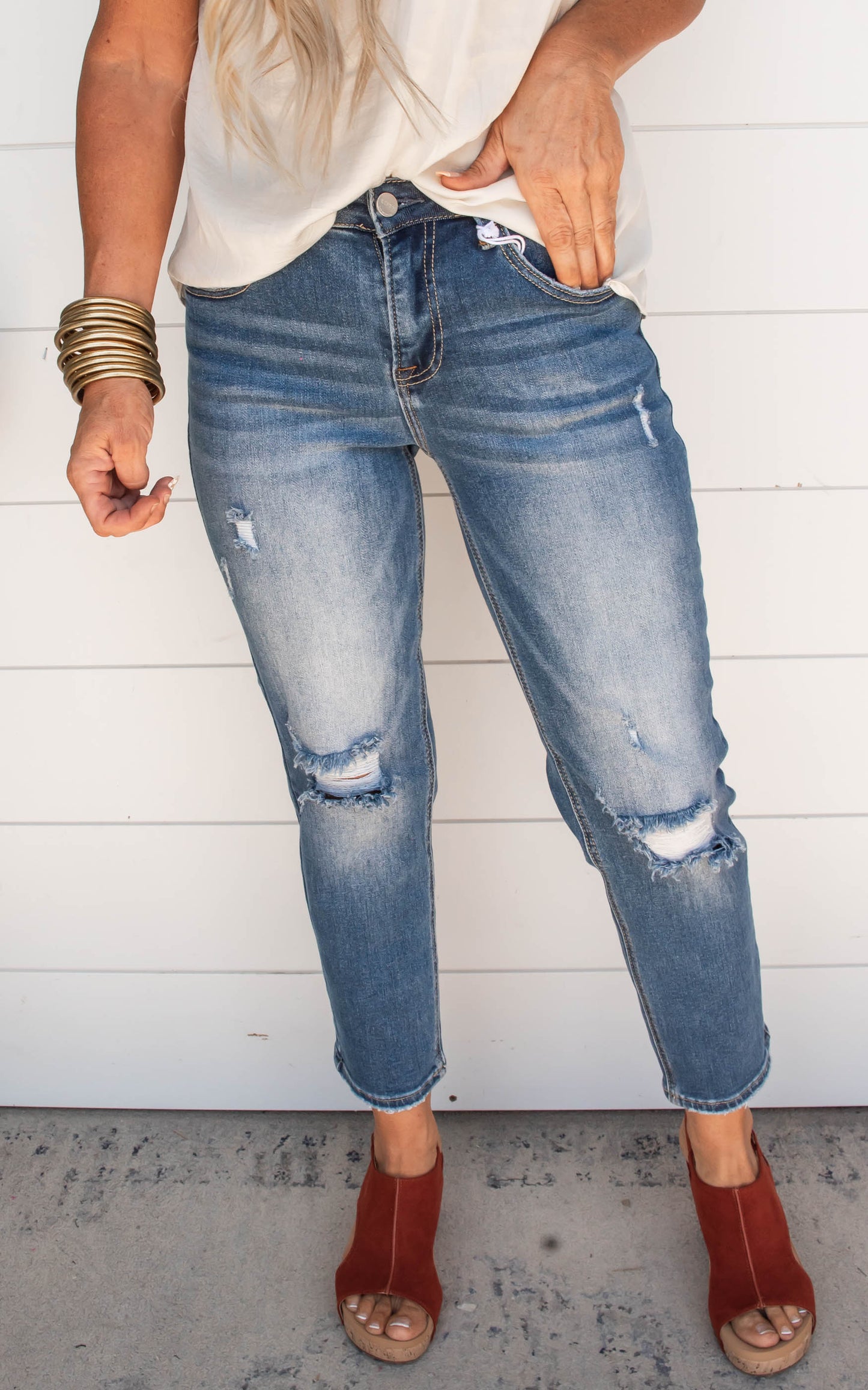 Midrise Distressed Boyfriend Denim Jeans- RISEN - Final Sale