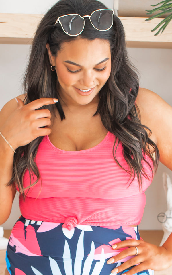 Traveler Check Knotted Front Swim Top | Dark Pink (TOP ONLY)