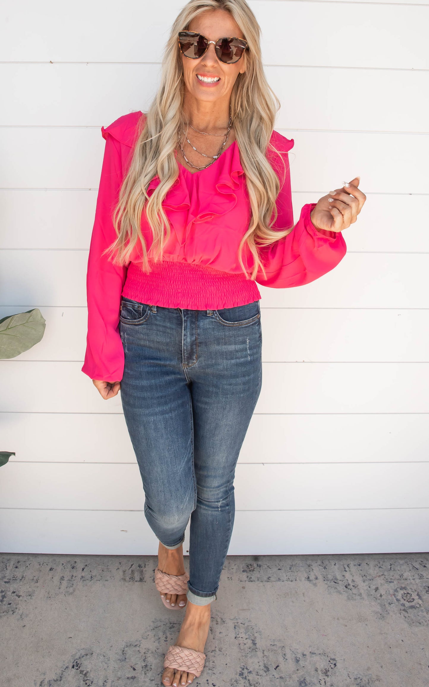 Hot Pink Long Sleeve V-Neck Top