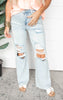 HIGH-RISE DISTRESSED WIDE LEG DAD JEANS