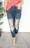 Mid Rise Heavy Distressed Straight Leg Denim Jeans - Judy Blue