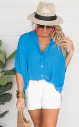 arizona dusty blue button down blouse 