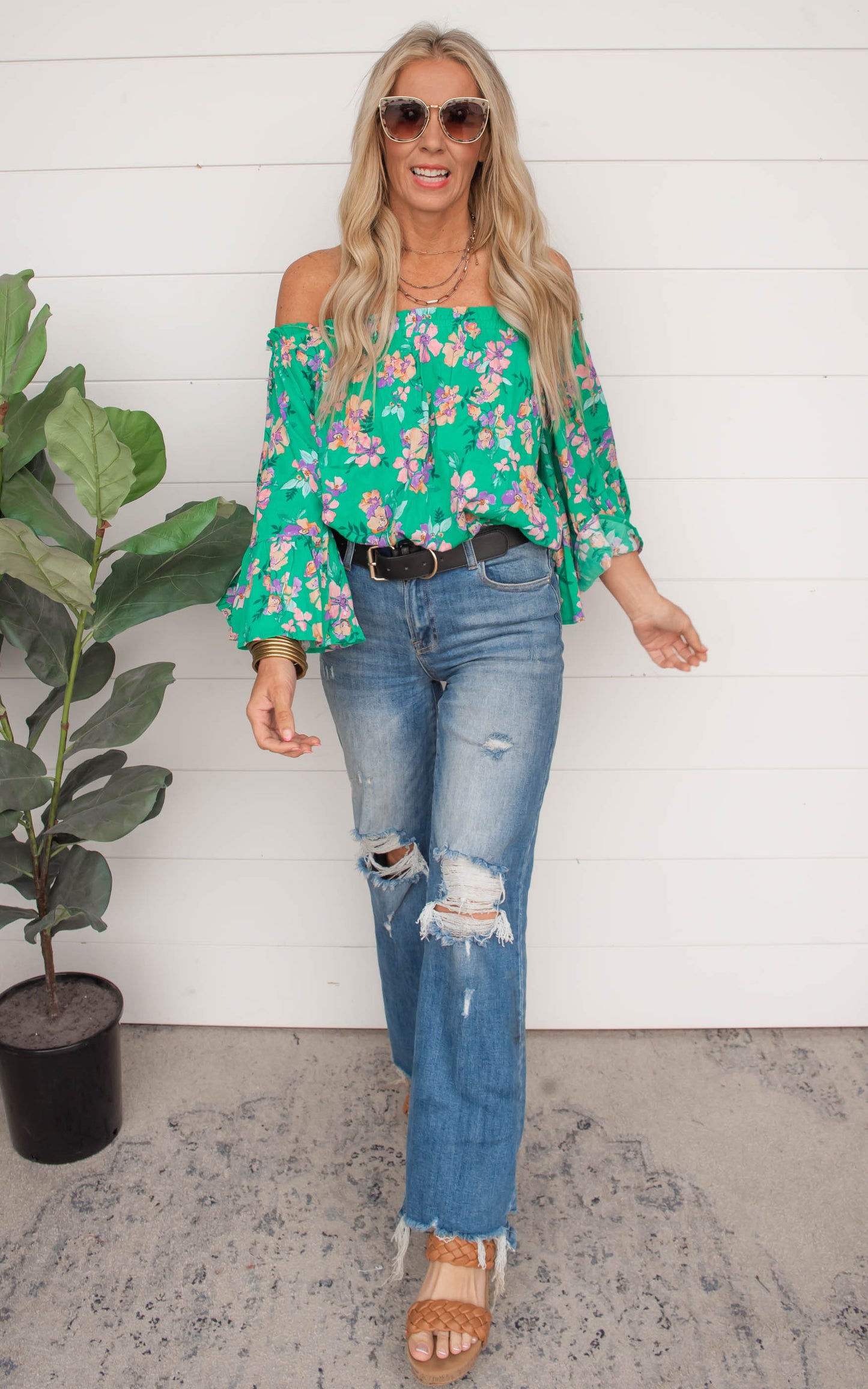 Blossoming With Joy Off The Shoulder Floral Blouse | Green | FINAL SALE