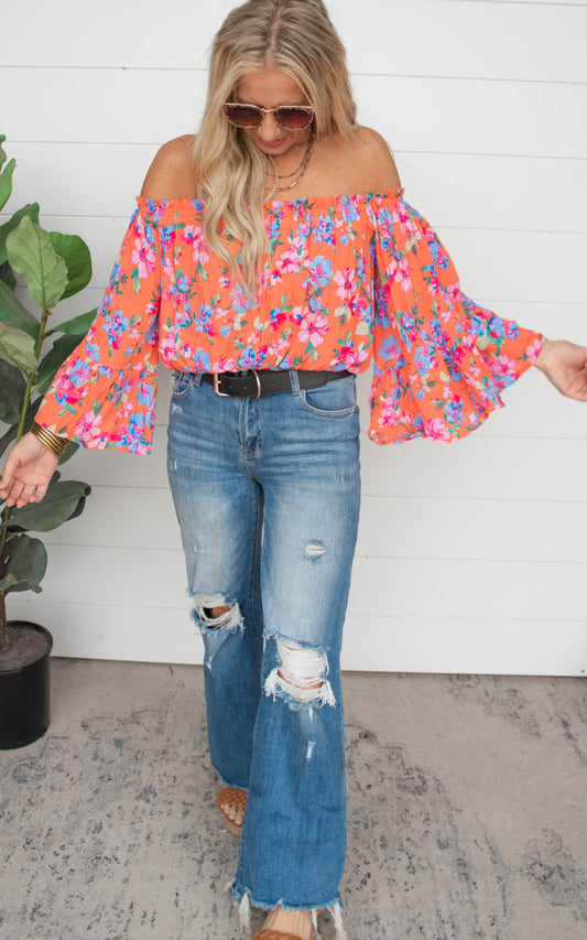 Blossoming With Joy Off The Shoulder Floral Blouse | Orange