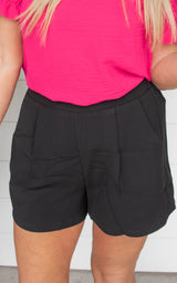 Black Solid Front Tuck Shorts