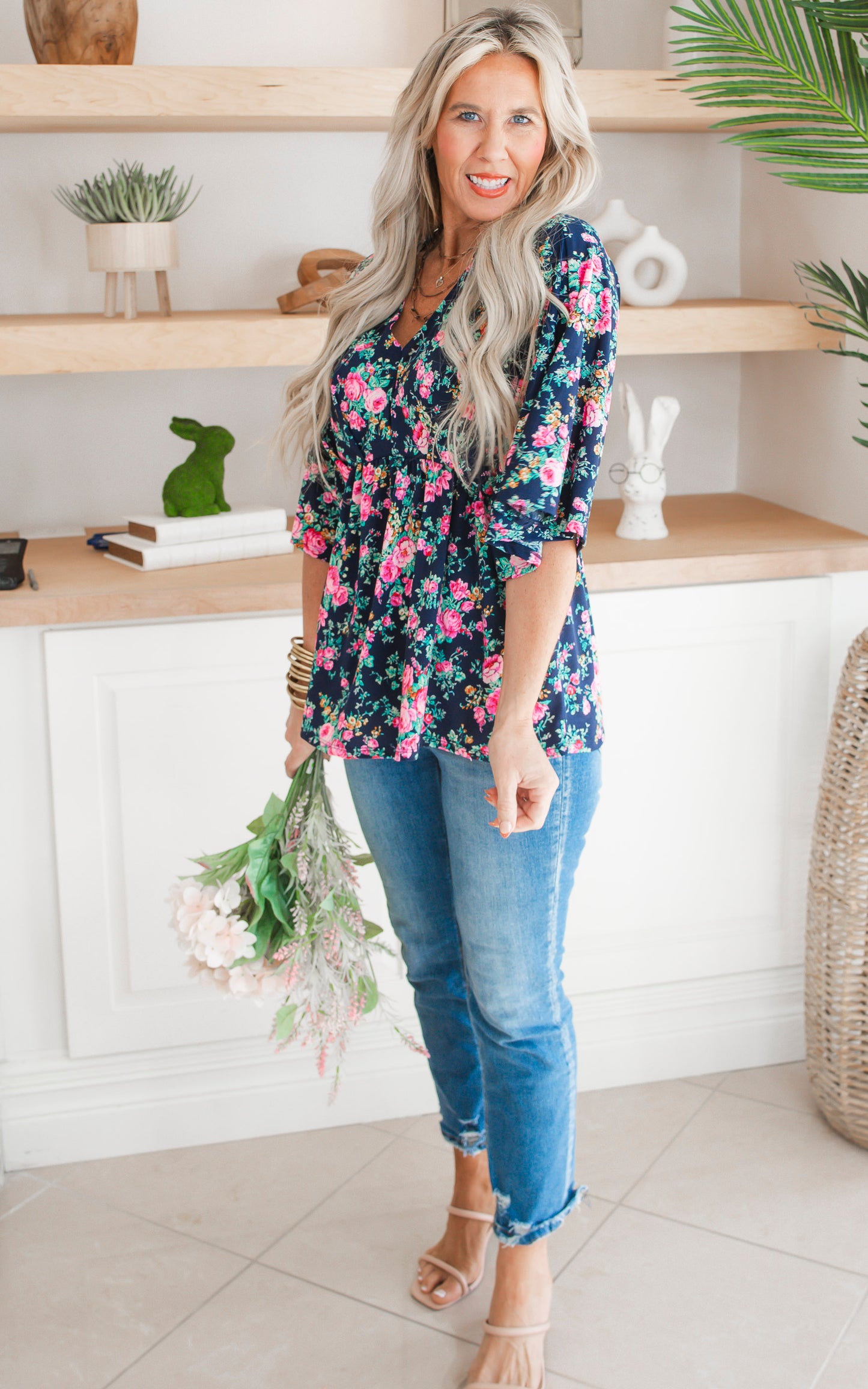 Navy Floral Dolman Sleeve Blouse Top - Final Sale