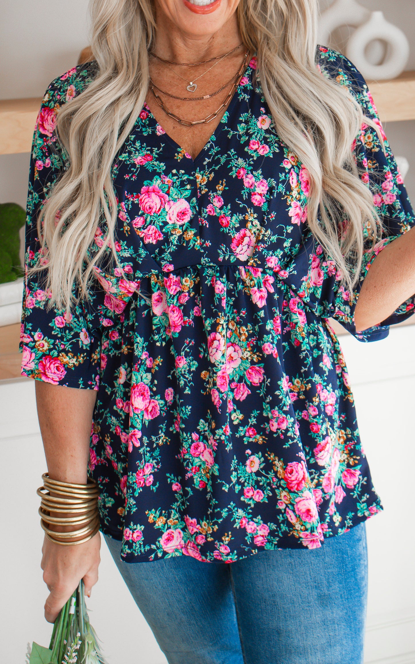 Navy Floral Dolman Sleeve Blouse Top - Final Sale