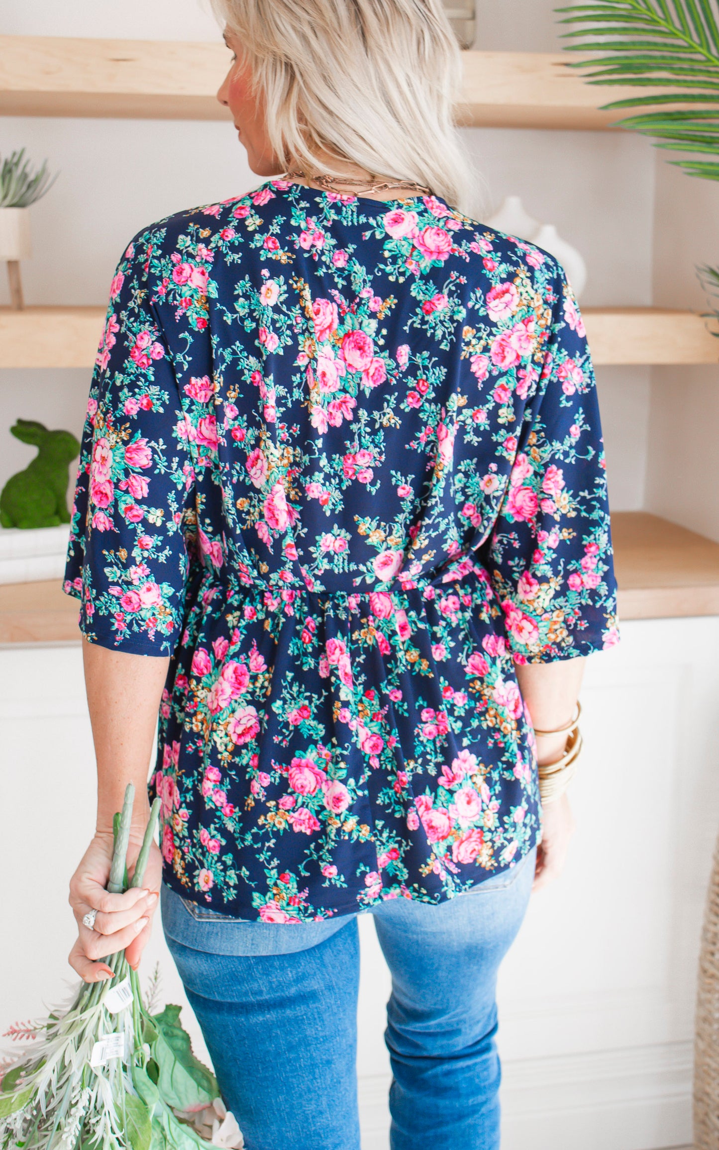 Navy Floral Dolman Sleeve Blouse Top - Final Sale