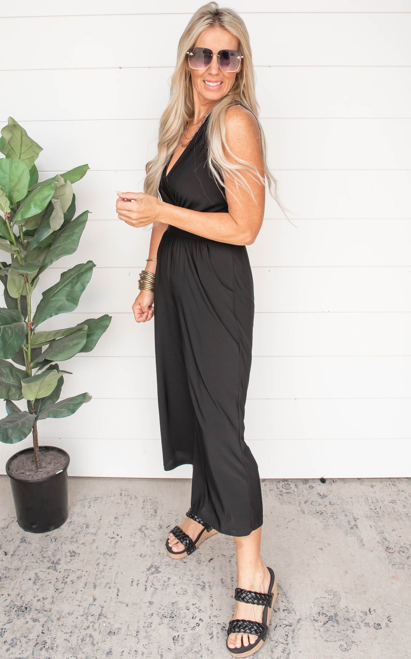 Surplice Sleeveless Black Crop Jumpsuit